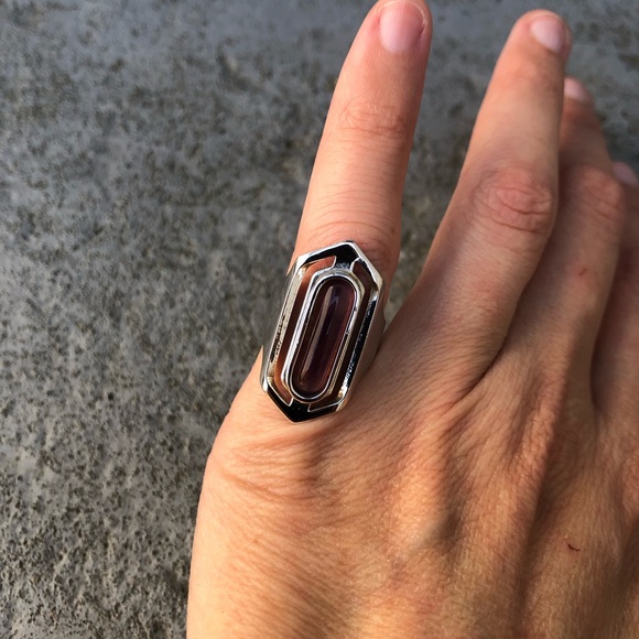 Silver Elongated Hexagon Ring with Peach Stone - Picture 5 of 15